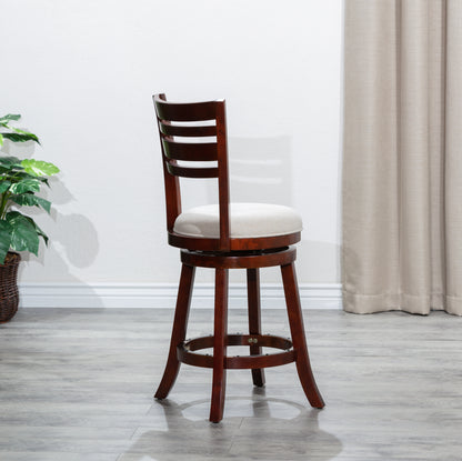 Counter Height Slat Back Swivel Stool, Cherry Finish, Beige Fabric Seatq