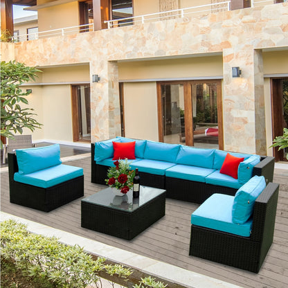 Russo 5 Pc Outdoor Patio Rattan Sectional Sofa Set - Black+Blue