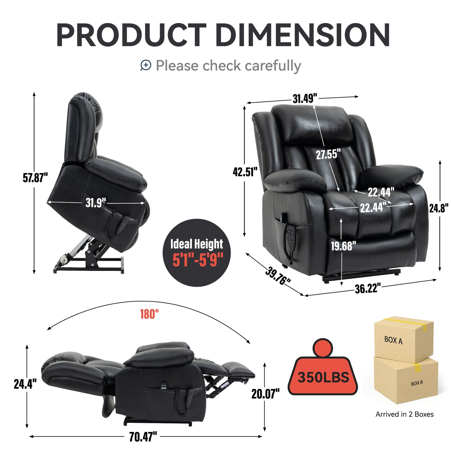 Brooklyn Dual Motor Power Lift Recliner Chair with Massage and Heating - Black