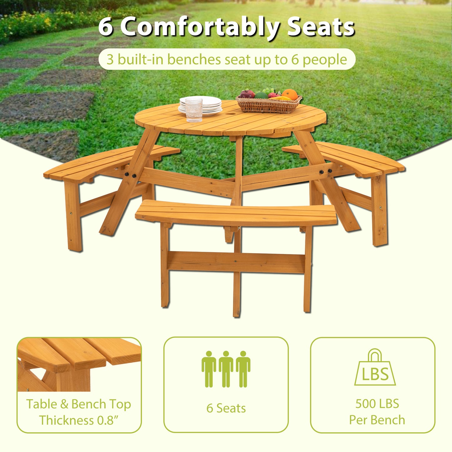 Nix 6-Person Circular Outdoor Wooden Picnic Table - Natural