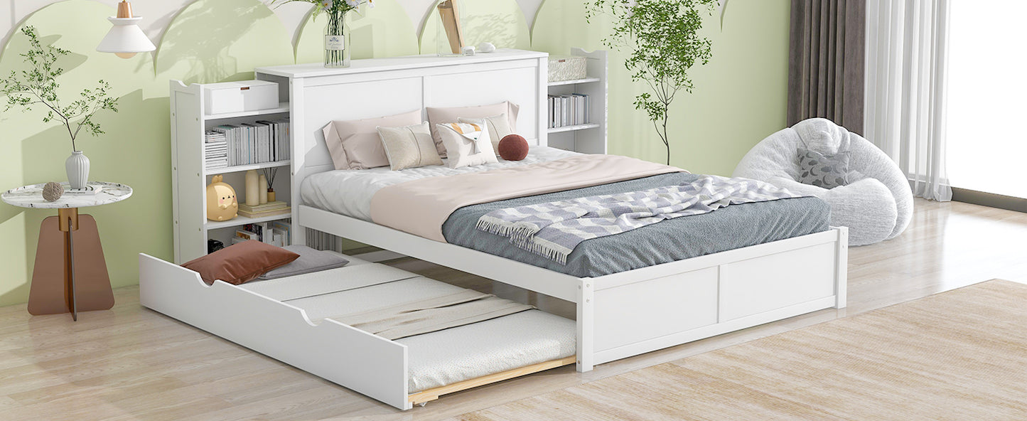 JR Queen Size Platform Bed w Pull Out Twin XL Size Trundle - White