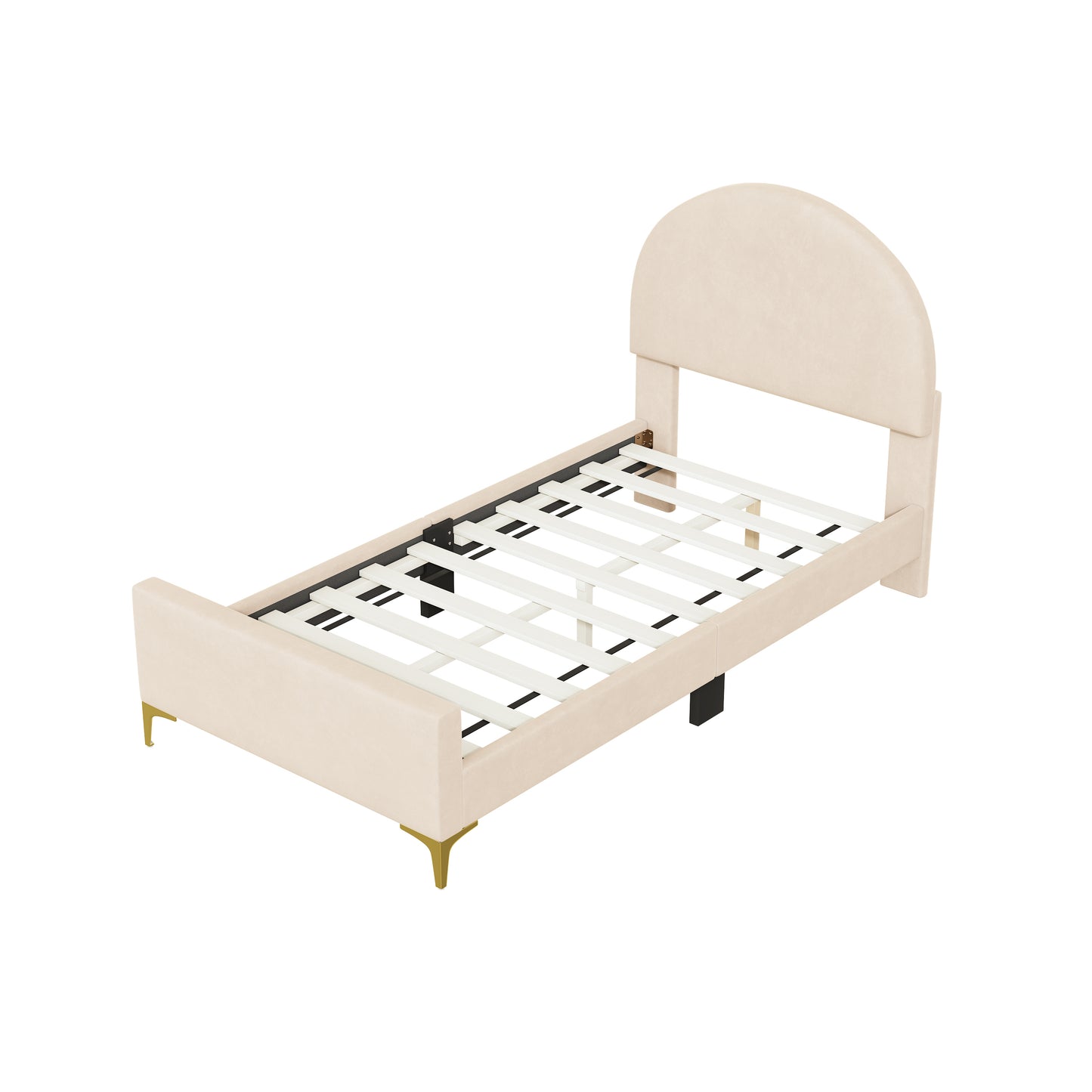 Lynn Twin Size Velvet Platform Bed w Mental Legs - Beige