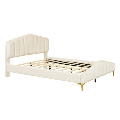 ZuZu Queen Size Velvet Platform Bed with Metal Bed Leg - Beige