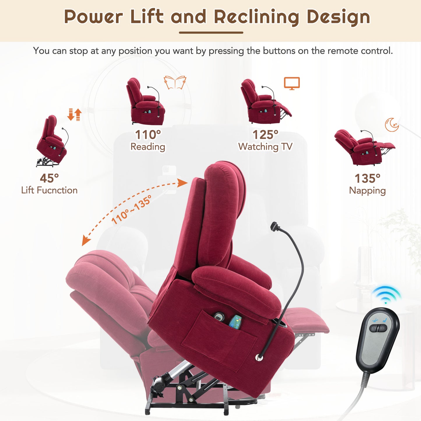 Dawson Power Lift Recliner with Massage - Red