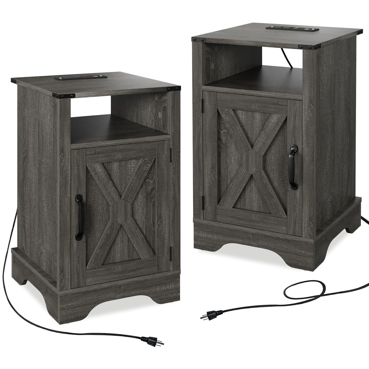 X Wooden Nightstand  with Electrical Outlets Charging Station  (2 Sets) - Dark Gray