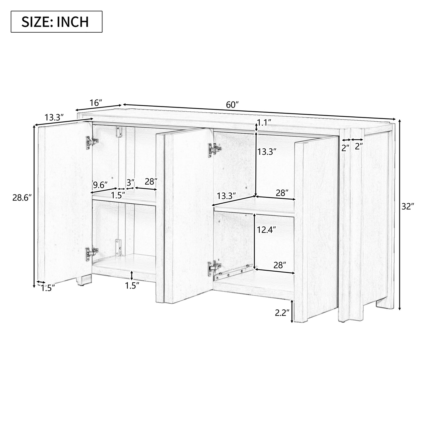 Rin Storage Cabinet Sideboard with 4 Doors - Black