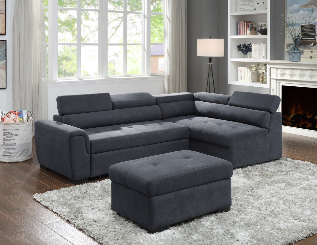 Haris Fabric Sleeper Sofa Sectional with Adjustable Headrest and Storage Ottoman -  Dark Gray