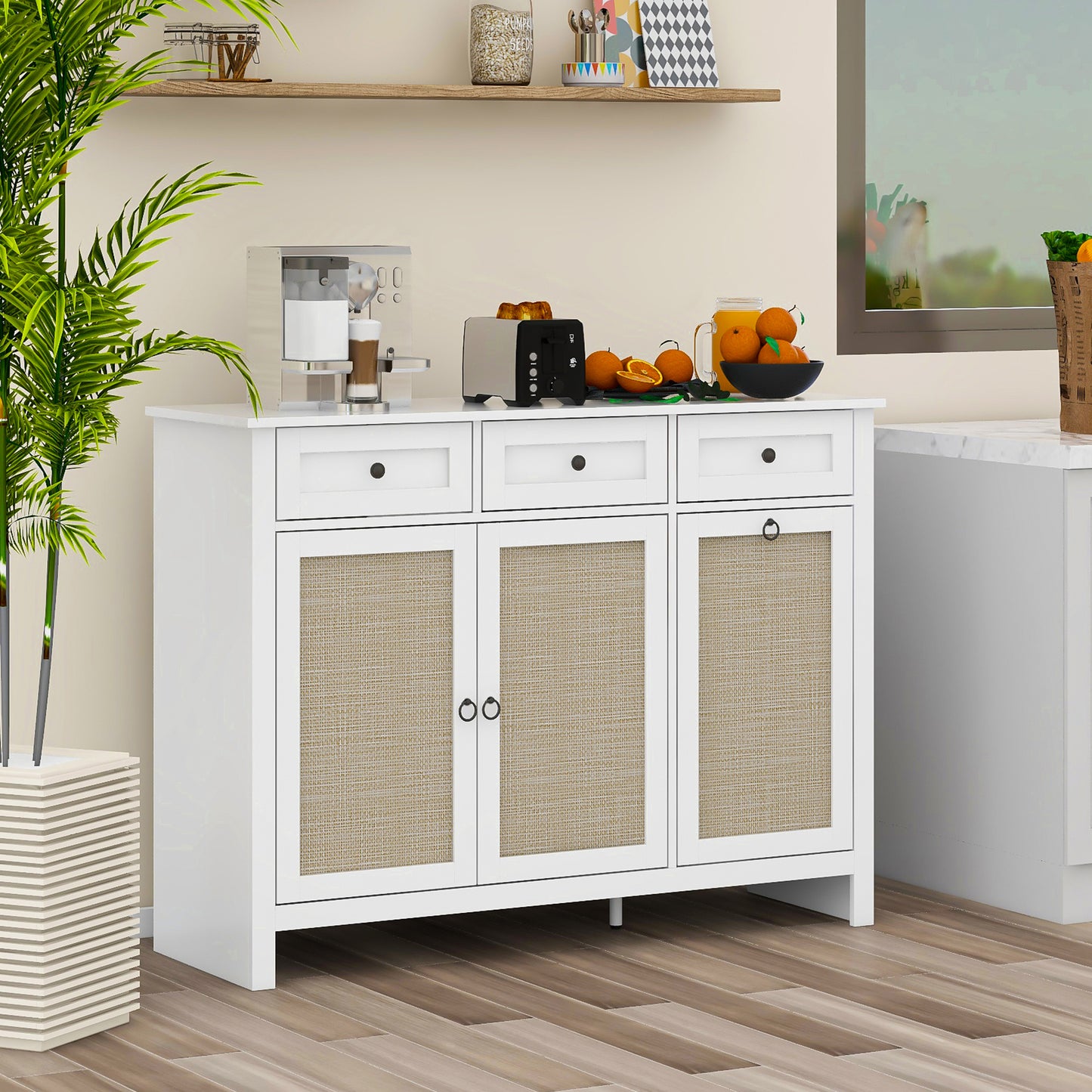 Rattan Kitchen Trash Can Cabinet - White