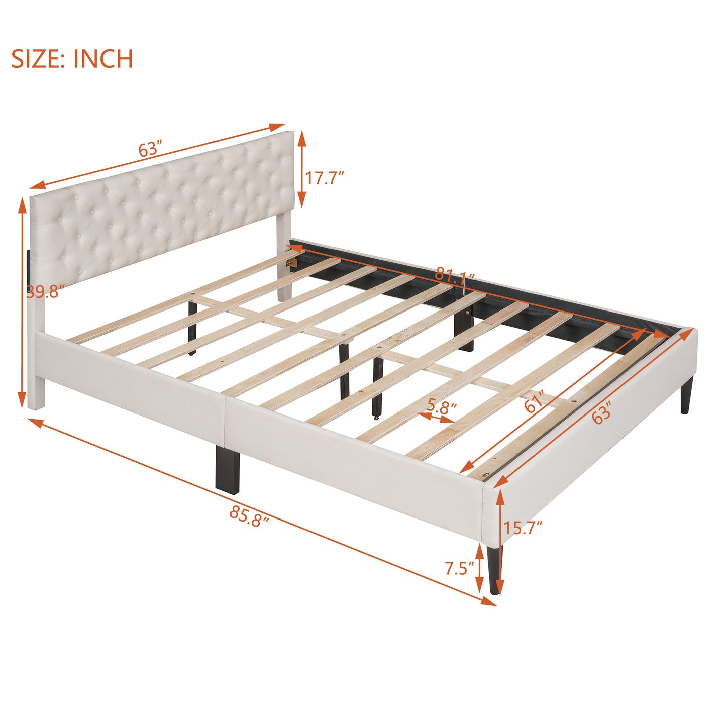 Ukin Queen Size Upholstered Linen Platform Bed - Beige