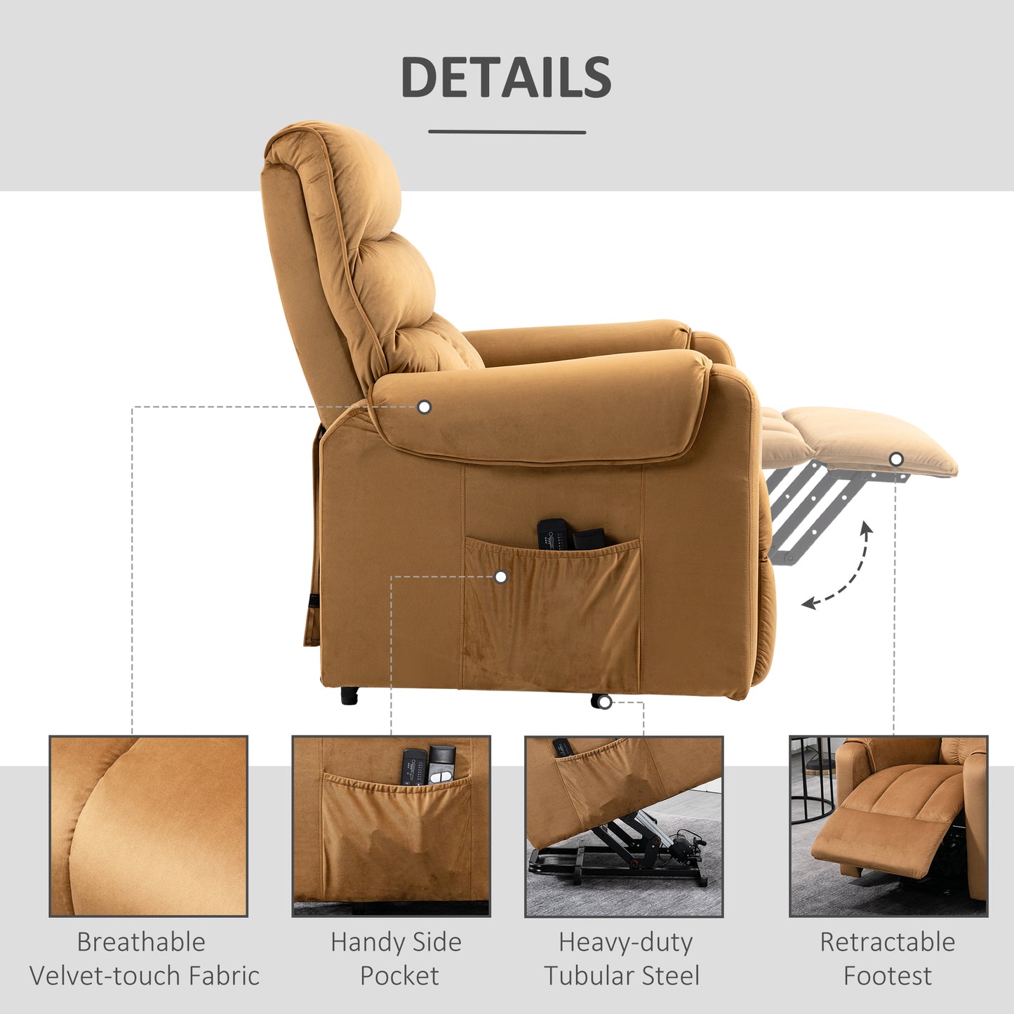 Rico Velvet Power Lift Recliner Chair with Vibration Massage - Brown