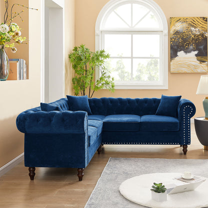 Nest Velvet Button Tufted L-shaped Sofa - Blue