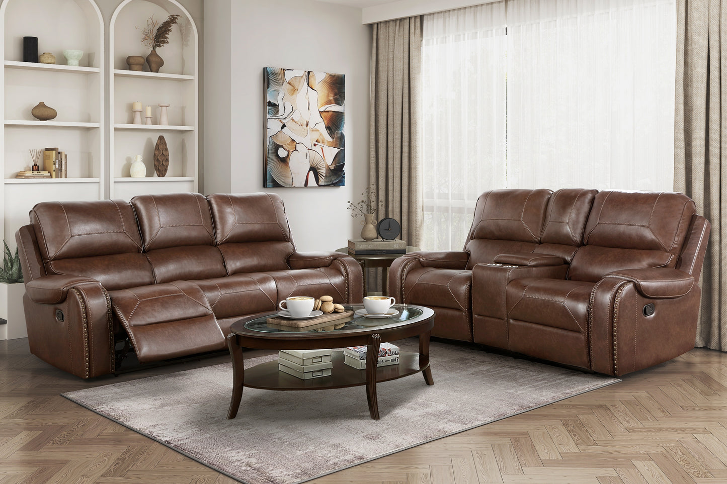 Hampton Double Glider Reclining Brown Love Seat with Center Console