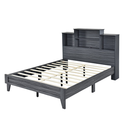 Taz Queen Size Platform Bed Frame with 4 Open Storage Shelves - Gray