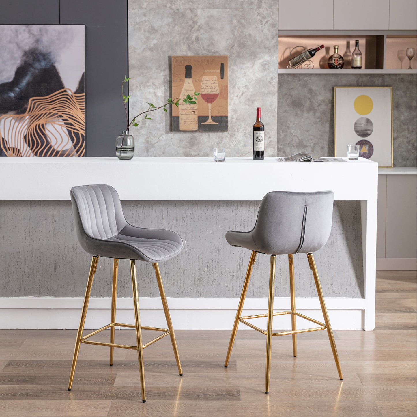 26 Inch Vista Bar Stools with Chrome Footrest  Velvet Fabric  Golden Leg - Gray  Set of 2