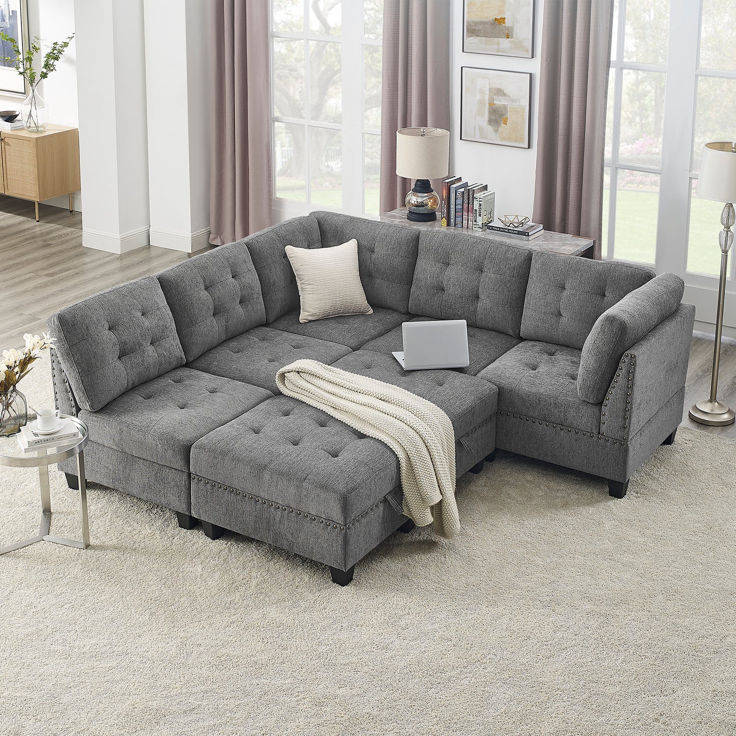 Molly Modular Sectional Sofa Three Single Chair ,Two Corner and Two Ottoman - Grey