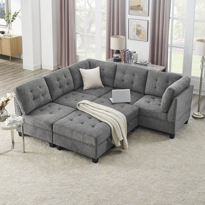 Molly Modular Sectional Sofa Three Single Chair ,Two Corner and Two Ottoman - Grey