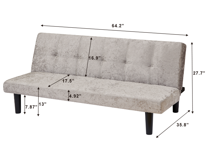 Iced Velour Convertible  Sofa Bed - Silver