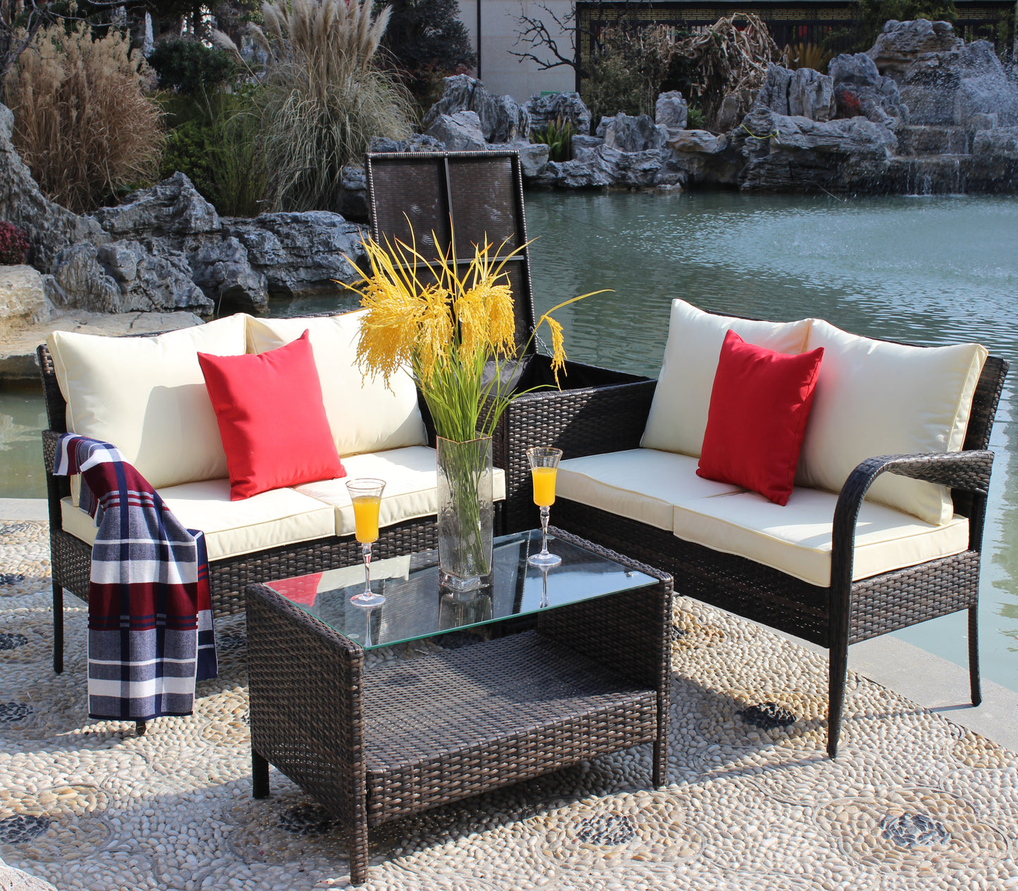 Berna 4 Pc Outdoor Patio Wicker Ratten Sofa Set - Brown