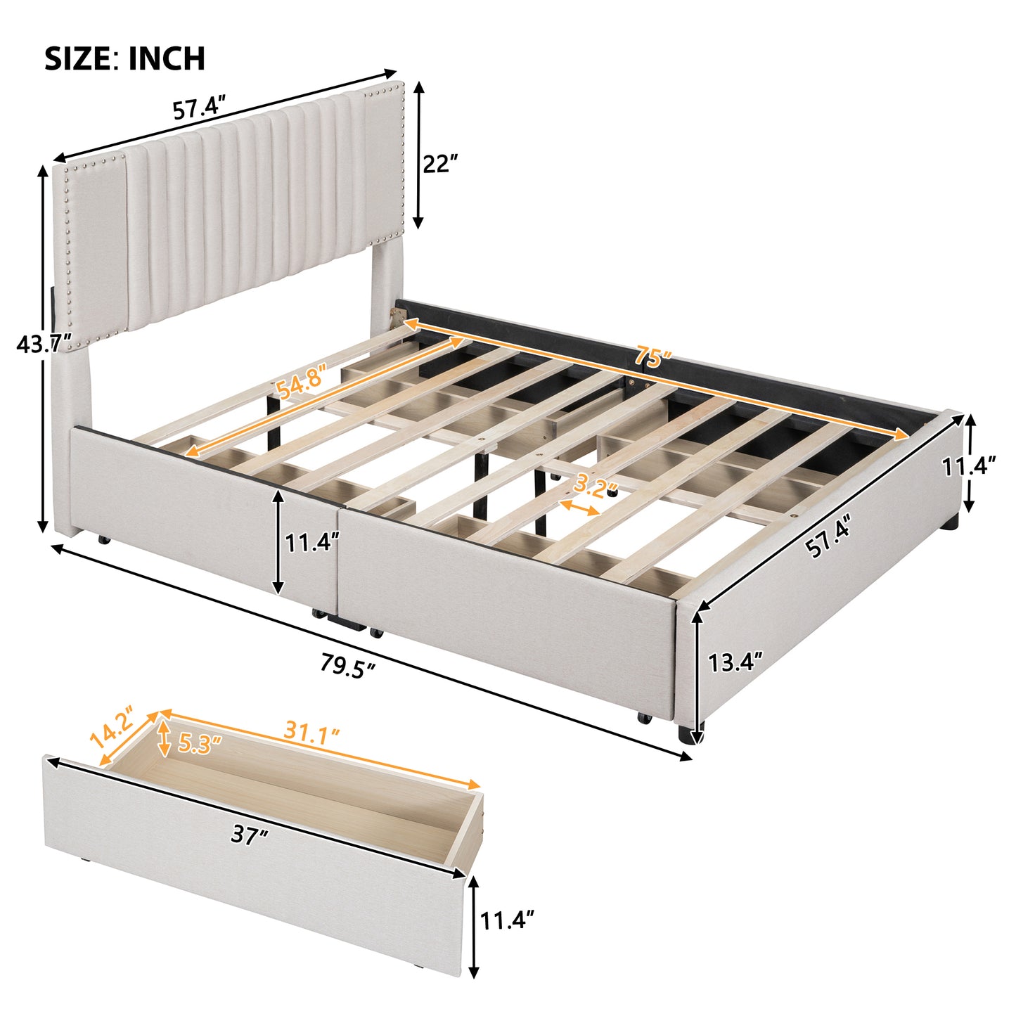 Novy Full Size Platform Bed with Twin XL Size Trundle - Beige