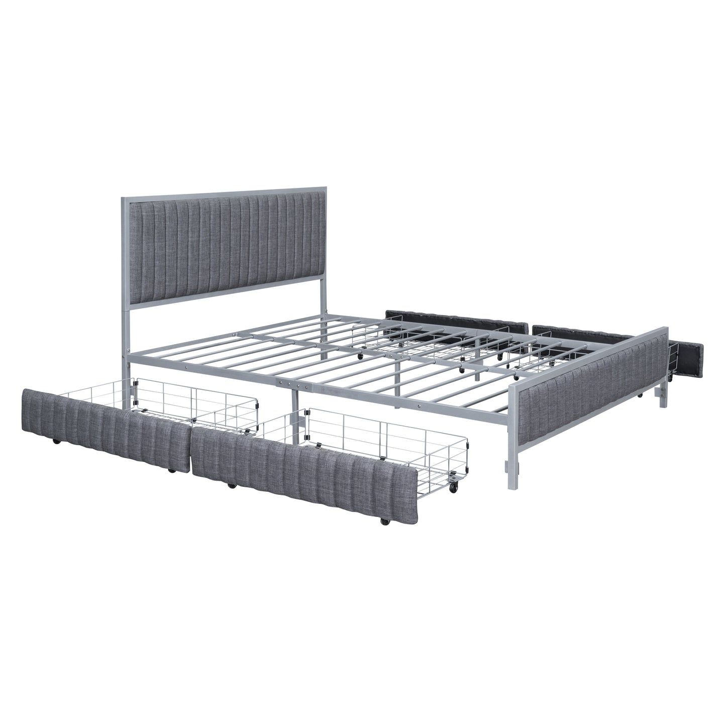 Maza Queen Size Metal Frame Upholstered Bed w Drawers - Gray