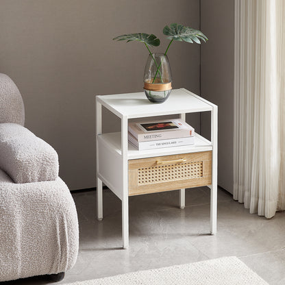 Rattan End table with  drawer Modern nightstand - White