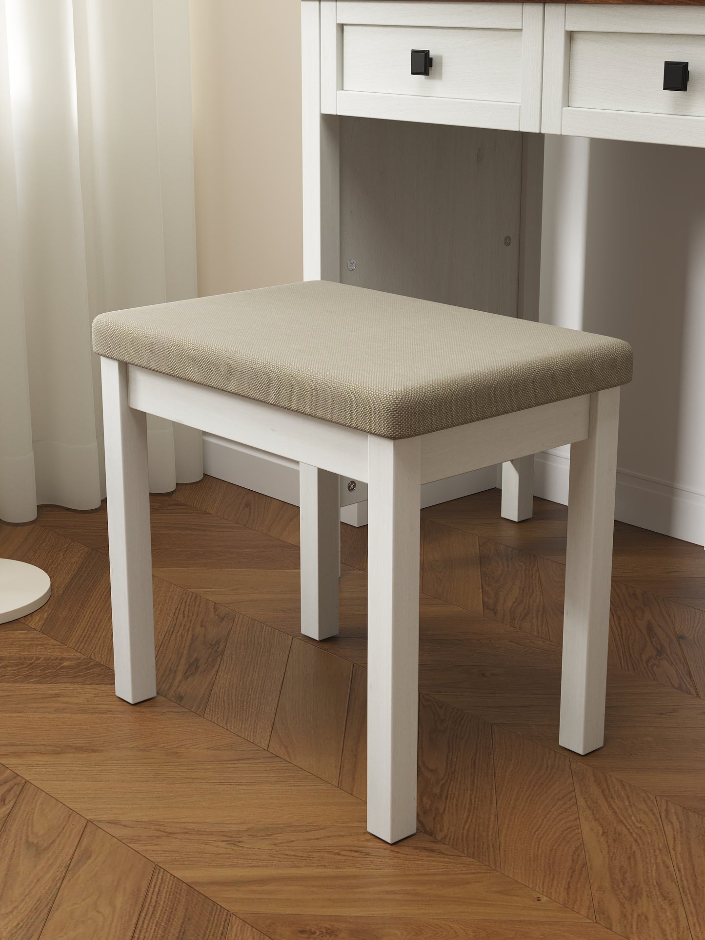 Alma Vanity Table Set with Side Cabinet and Cushioned Stool