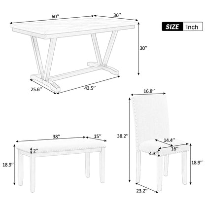 Ve 6pc Dining Set Table 4x Side Chairs And Bench - White