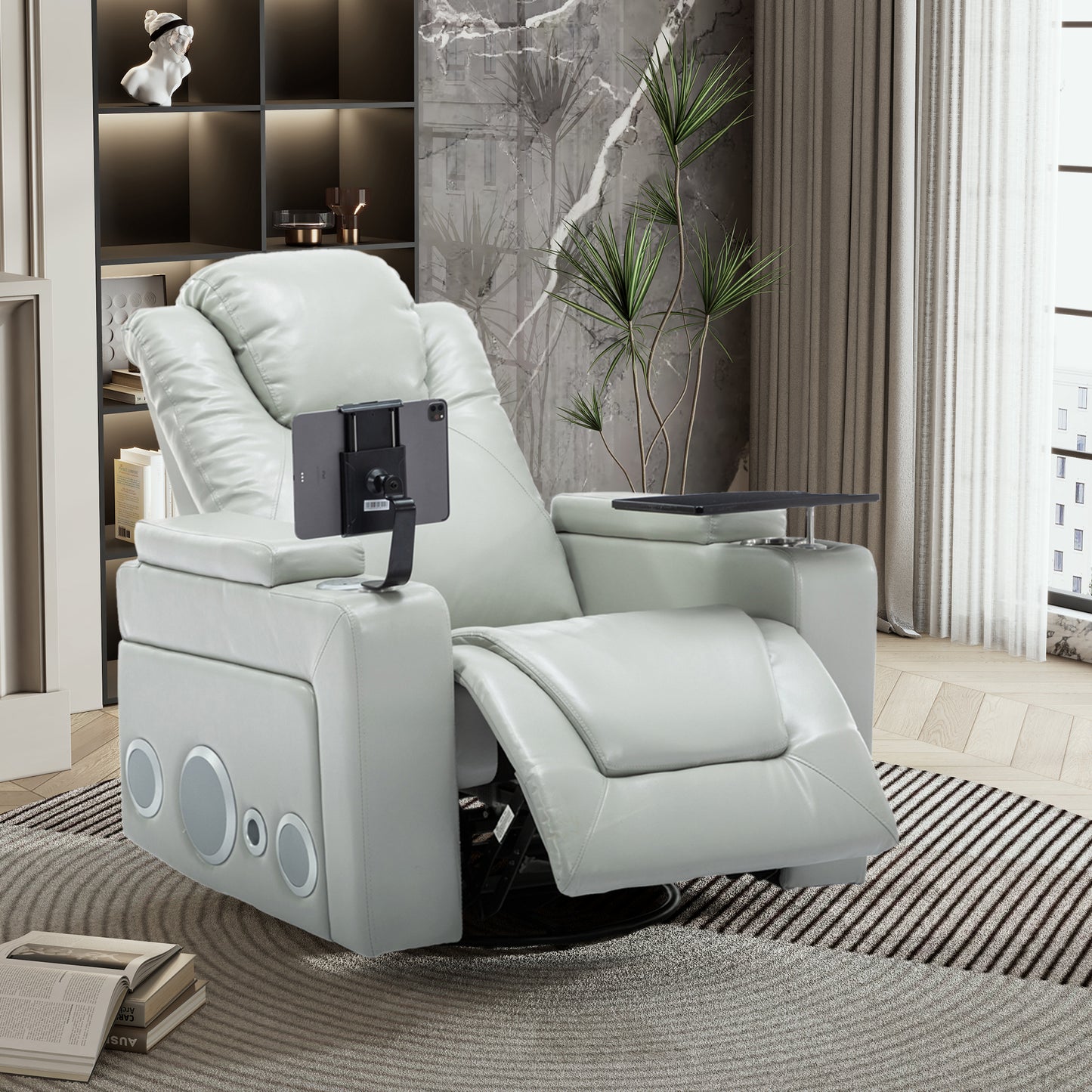 Otto PU Leather Power Recliner r with Surround Sound -Tray Table - Gray