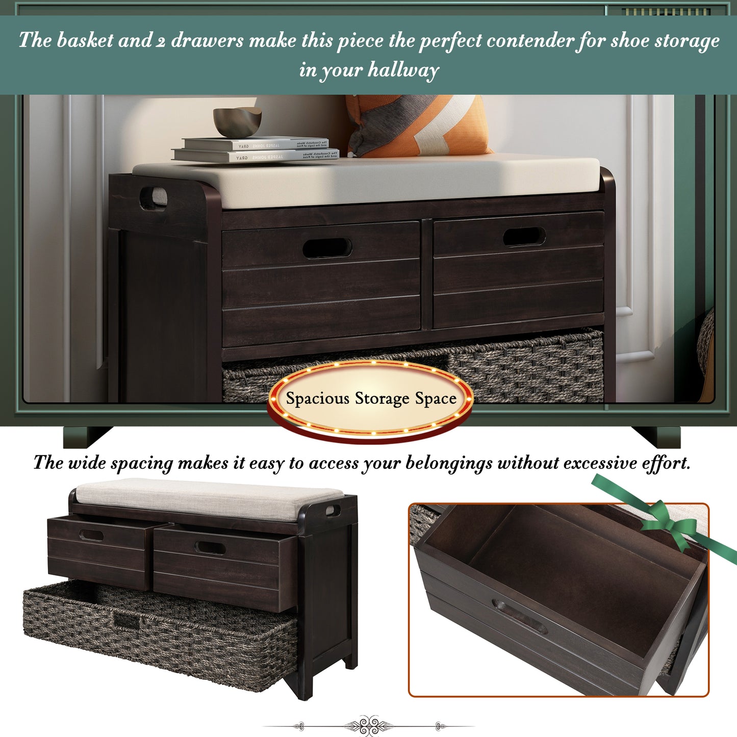 Lucy  Storage Bench with Removable Basket  Removable Cushion - Espresso