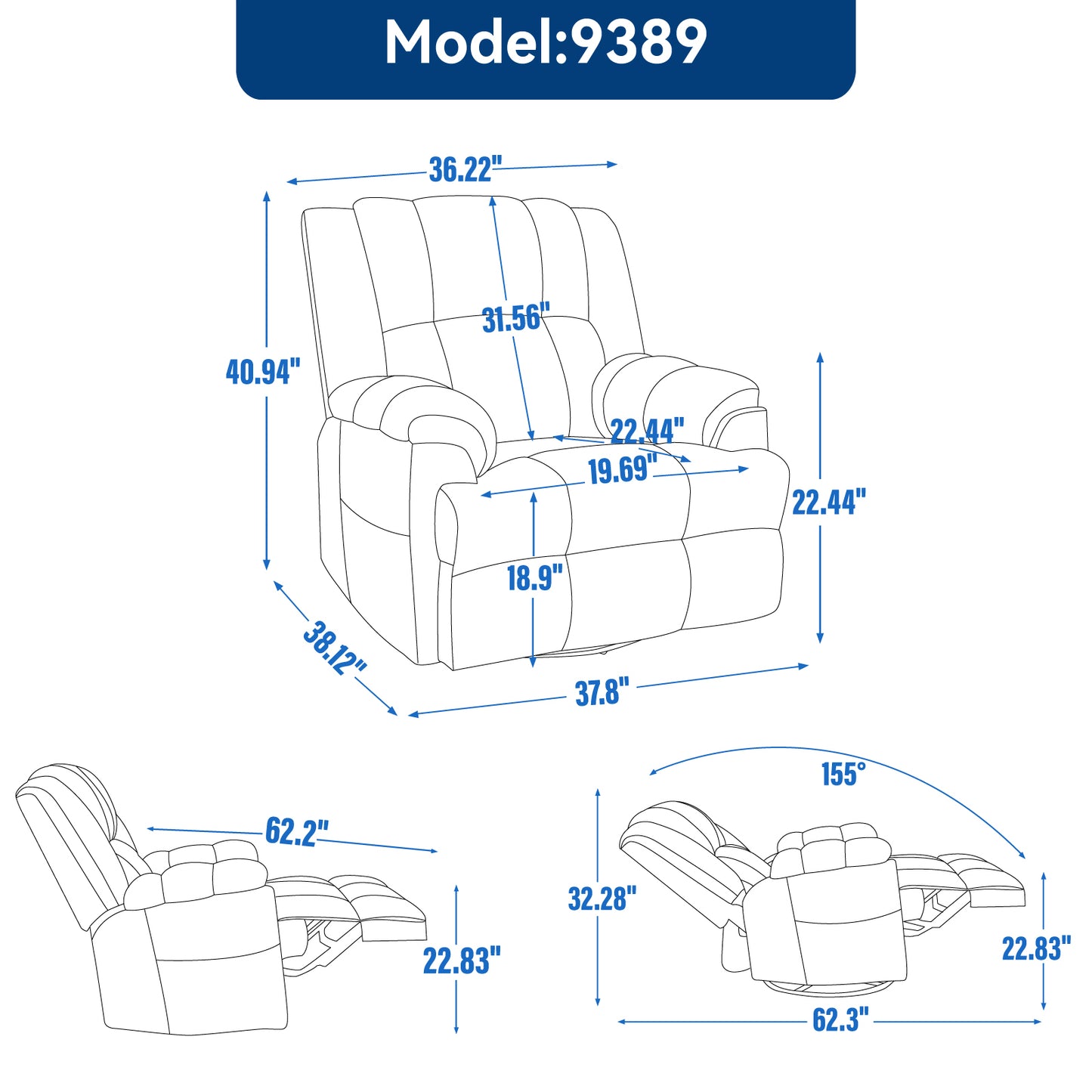 Nash Fabric Manual Recliner Chair - Blue