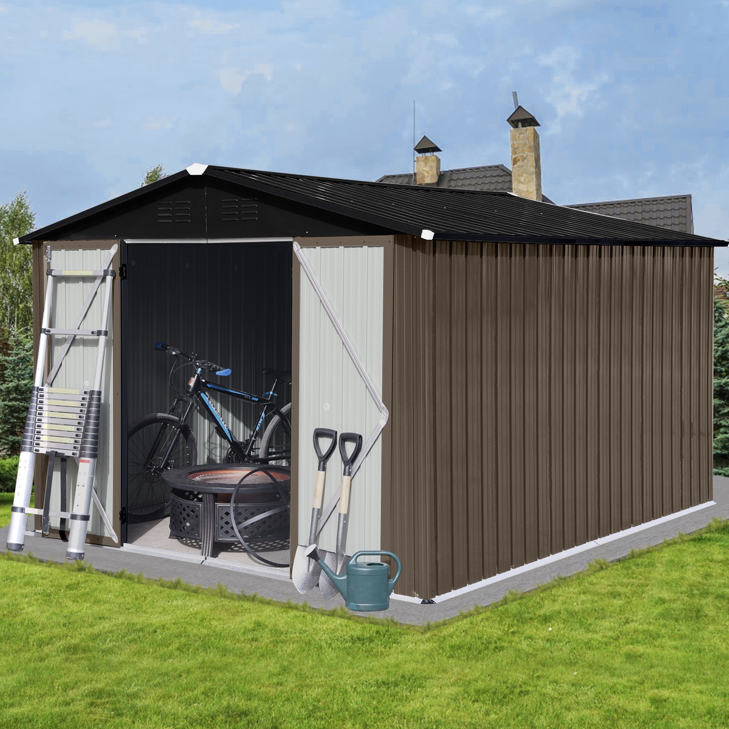 Homer 10 X 8 ft Metal Garden Sheds Outdoor Storage - Brown+Black