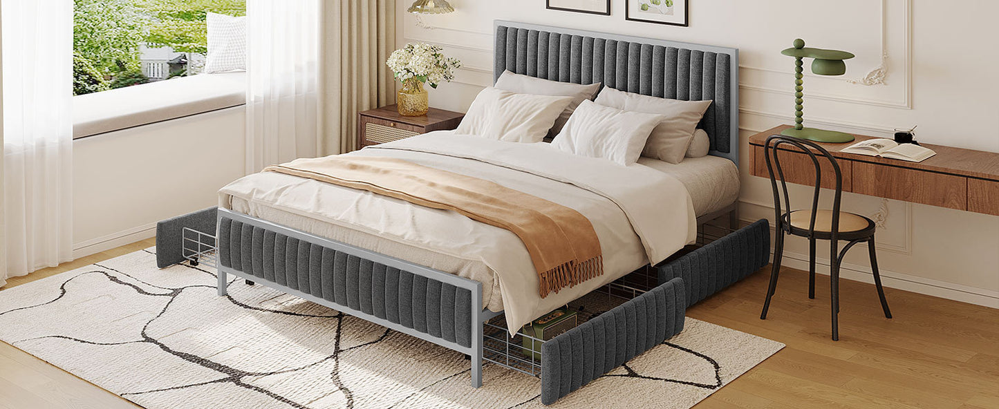 Maza Queen Size Metal Frame Upholstered Bed w Drawers - Gray