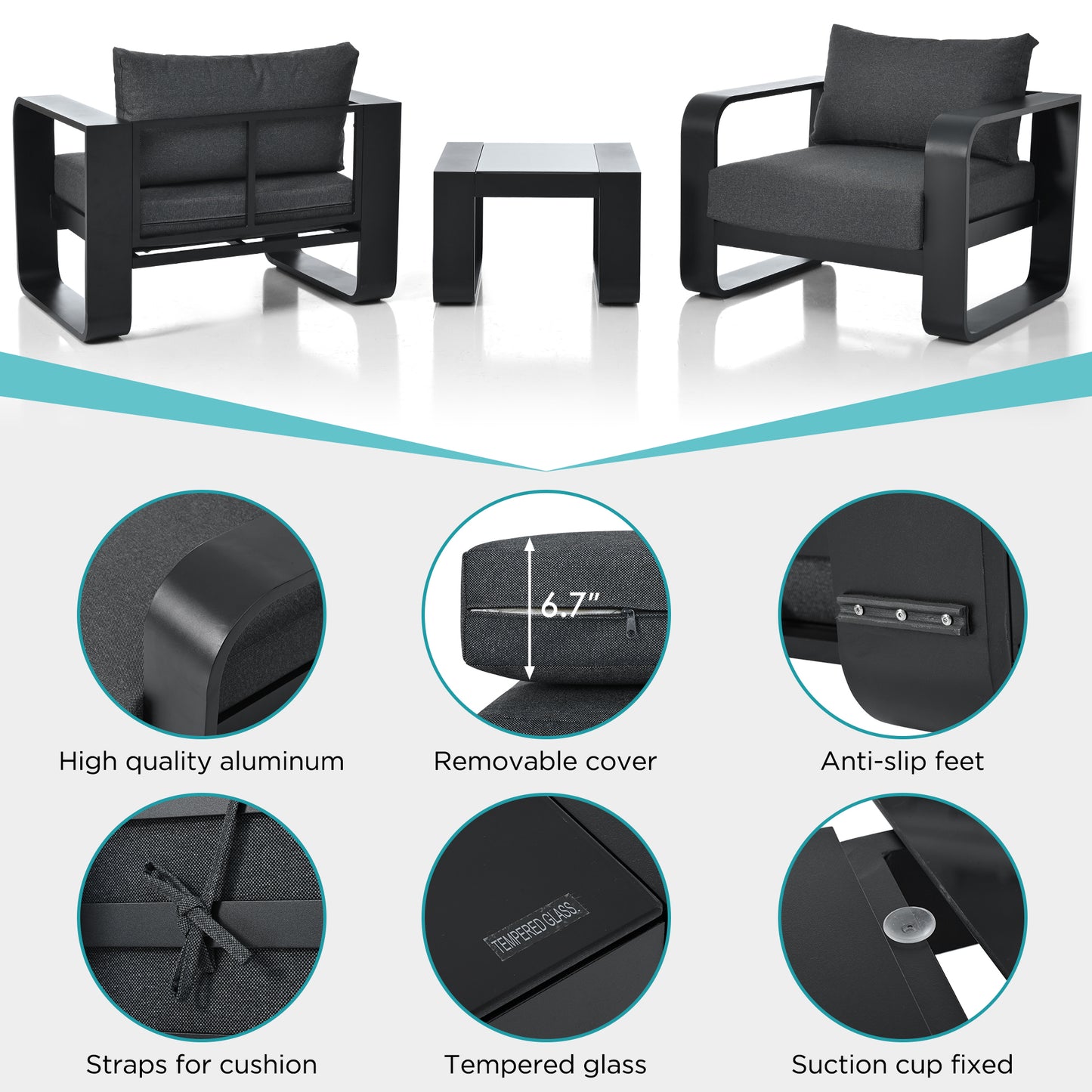 Abel 3 Pc Aluminum Frame Patio Sofa Set - Black+Gray