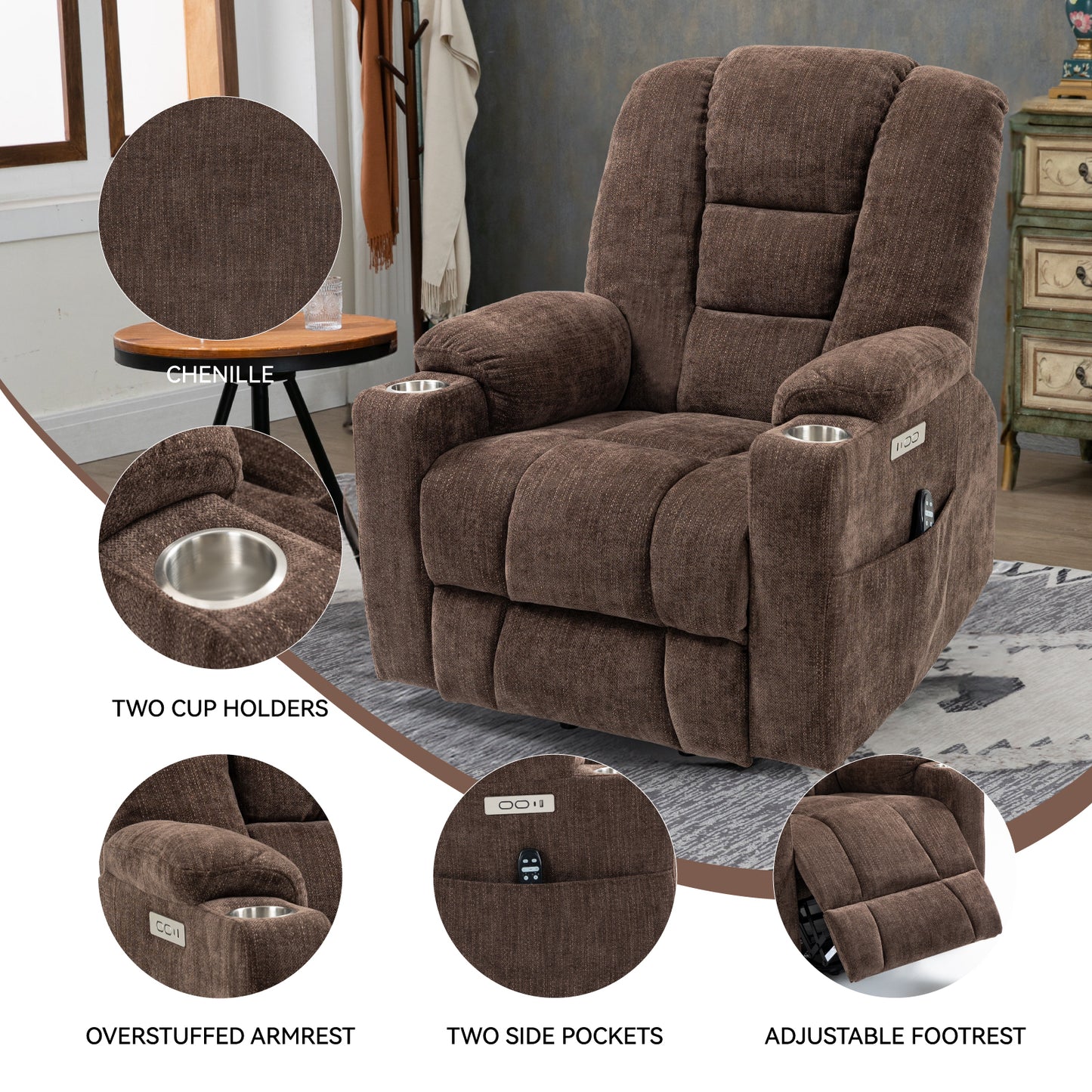 Rico Large Power Lift Recliner Chair with Heat and Massage - Brown