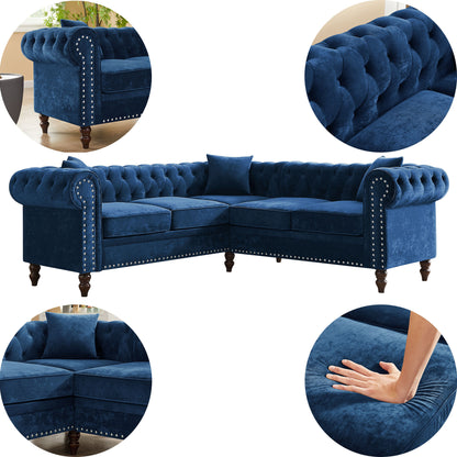 Nest Velvet Button Tufted L-shaped Sofa - Blue