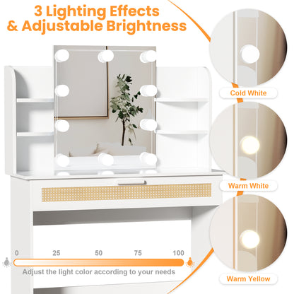 Brooks II Vanity Desk Set With LED Lighting Mirror - White