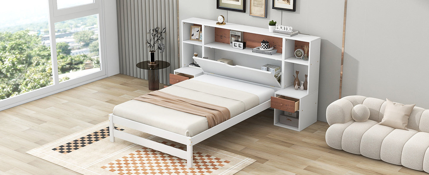 Jo Twin Size Platform Bed w Storage Headboard and Drawers - White