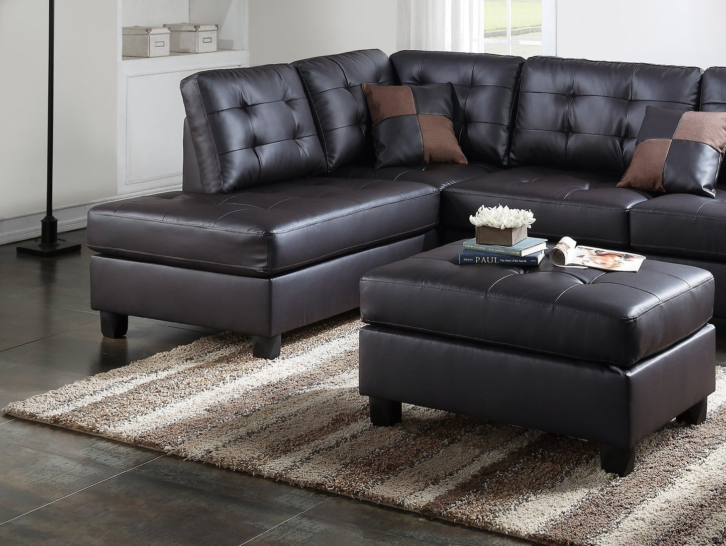 Lucia 3pc Faux Leather Sectional Sofa Set -  Espresso