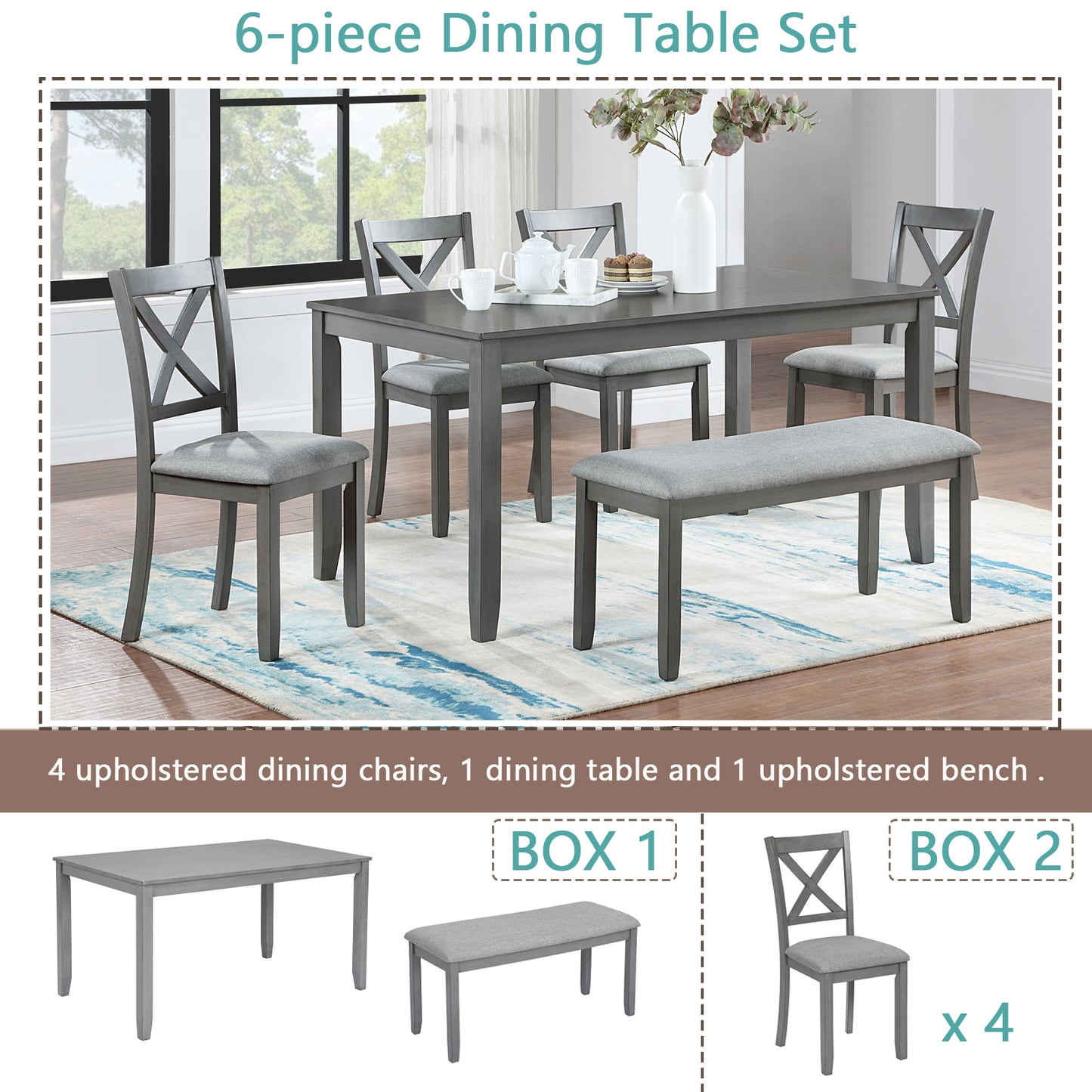 Xeno 6pc Dining Set Wooden Table 4x Side Chairs And Bench - Gray