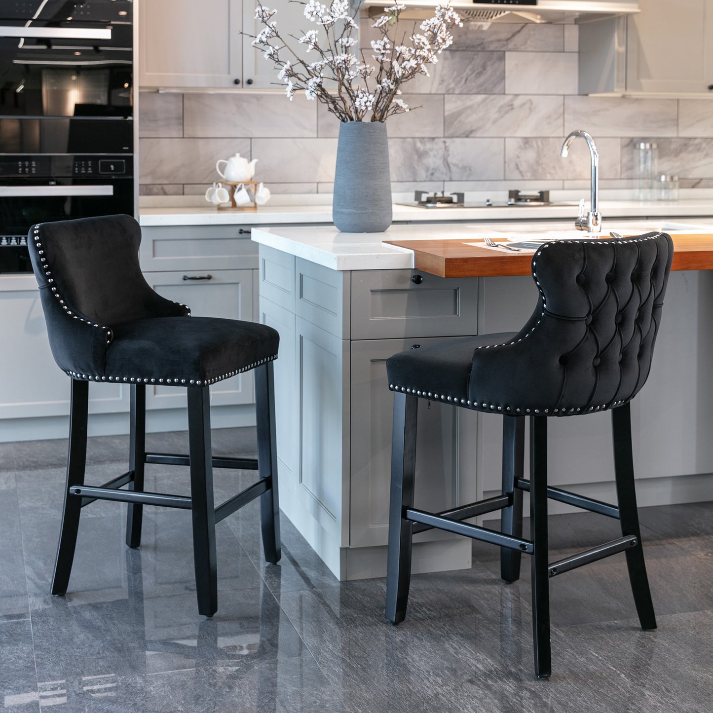 Velvet Wing-Back Barstools - Black Set of 2