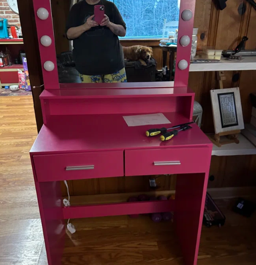 Neve Vanity Desk with Mirror and Lights - Rose Pink