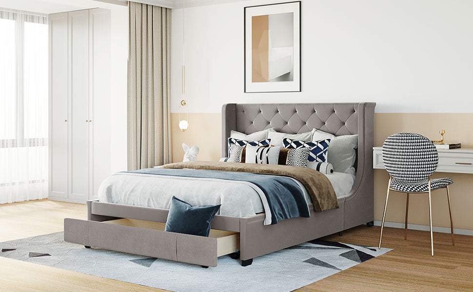 Regal Queen Size Velvet Storage Bed - Gray