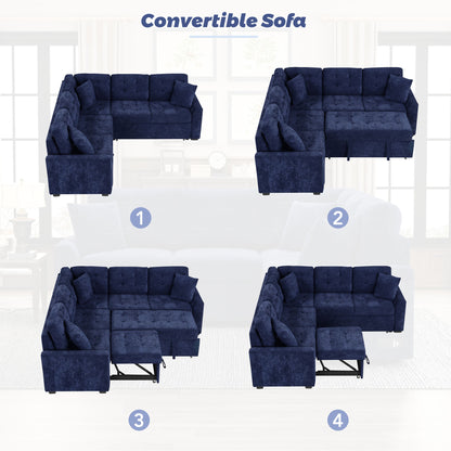 Novak L-shape Sofa Bed Pull-out Sleeper Sofa with Wheels - Navy Blue