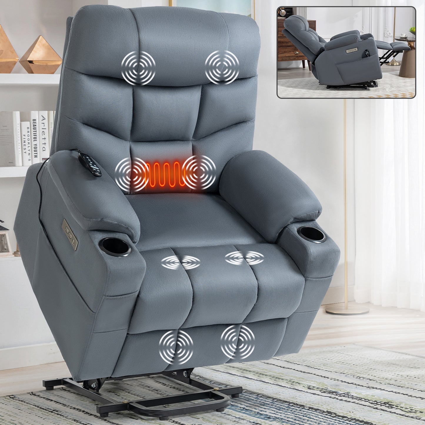 Okin II Power Lift Fabric Recliner Chair with Massage & Heat - Blue