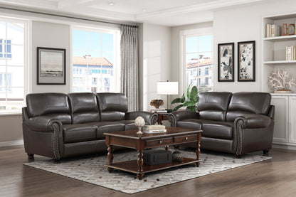 Mata Leather Loveseat Rolled Arms Nailhead Trim - Dark Brown