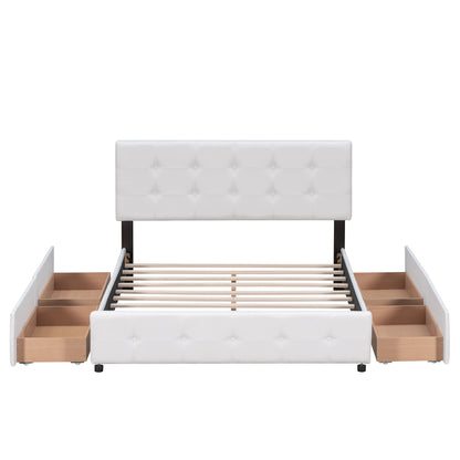 Draco Queen Size Platform Bed with 4 Drawers - White