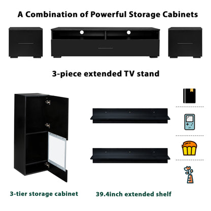 Jig High Gloss Minimalist Style 7 Pieces Floating TV Stand Set - Black