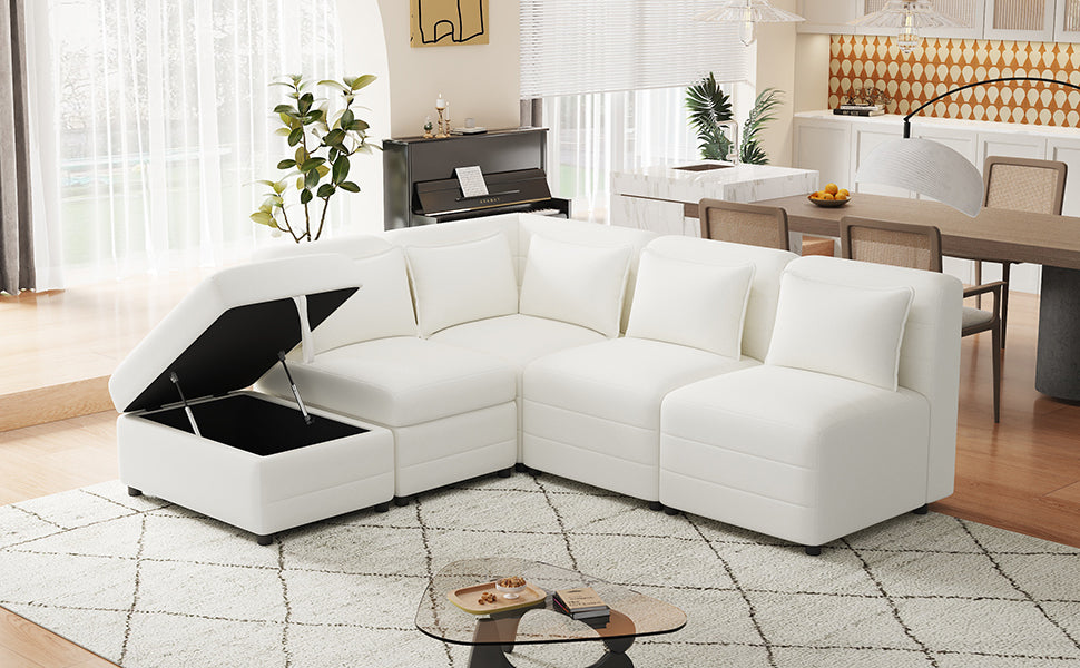 Lexi Sectional Sofa 5-seater Modular Couches with Storage Ottoman - Cream