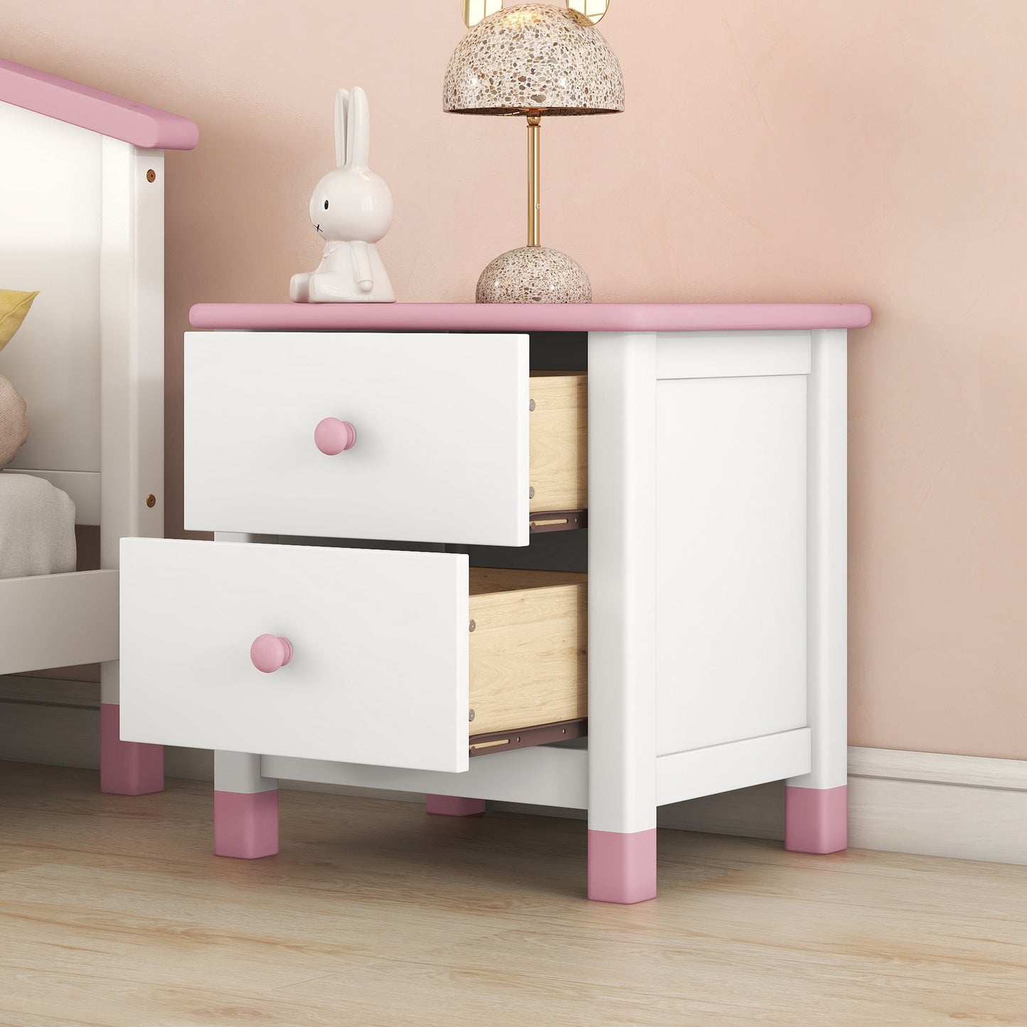 Hana Wooden Nightstand with Two Drawers - White+Pink