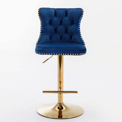 Stellar Golden Swivel Velvet Barstools Adjusatble Height - Blue  Set of 2